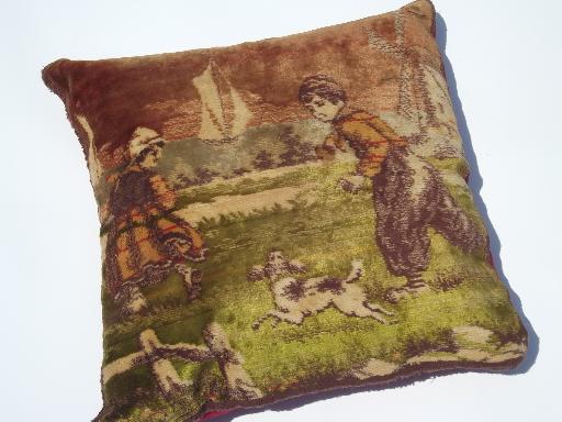 antique vintage flemish cotton plush velvet tapestry pillows, boy w/ dog