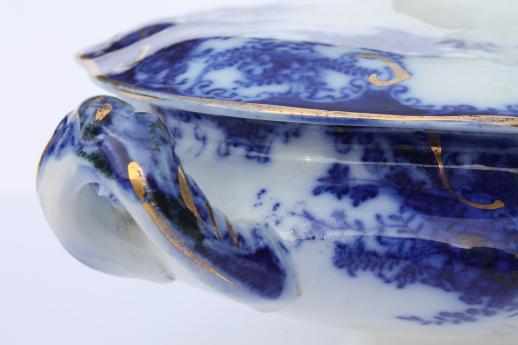 antique vintage flow blue china serving pieces, large platter & covered bowl or tureen
