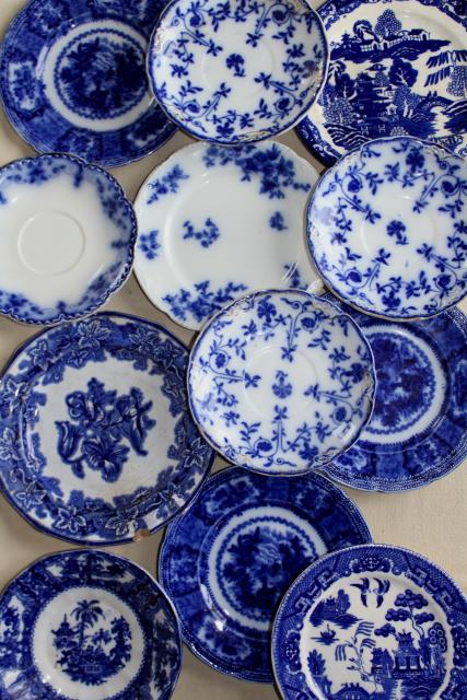 antique vintage flow blue & white china, instant collection of 12 plates saucers