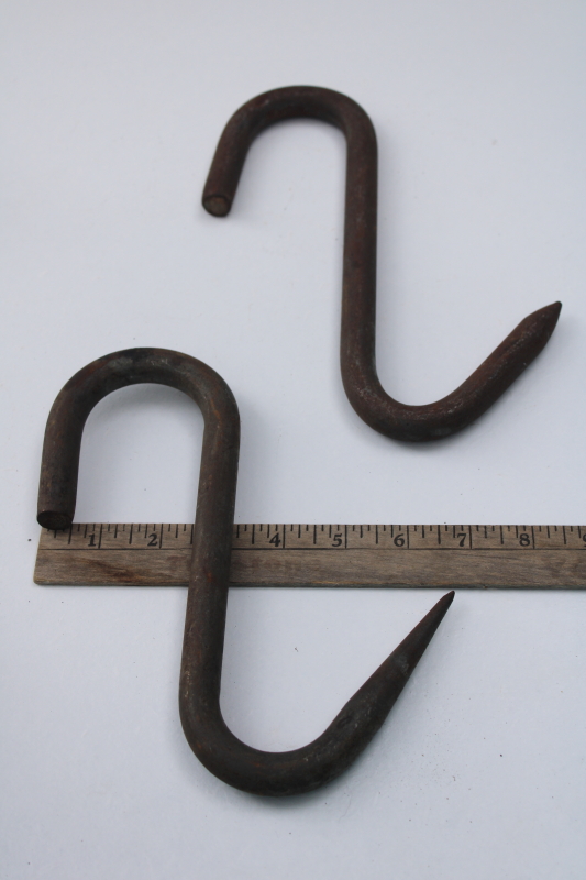 antique vintage forged iron meat hanging hooks, huge metal hooks