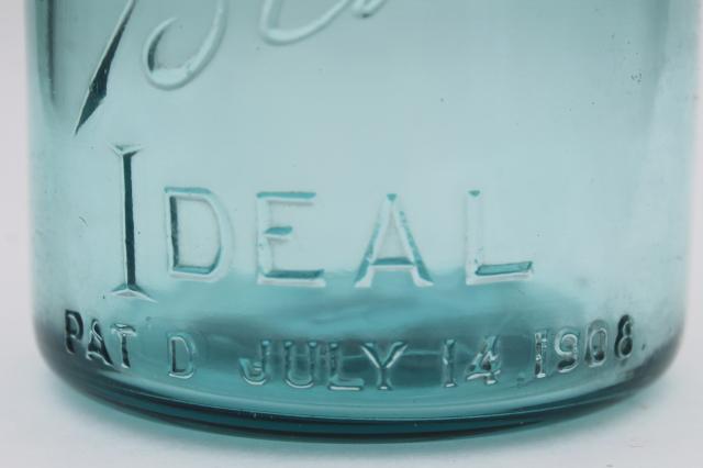 antique vintage glass canning jars w/ 1908 patent dates, bail lid blue glass Ball jars