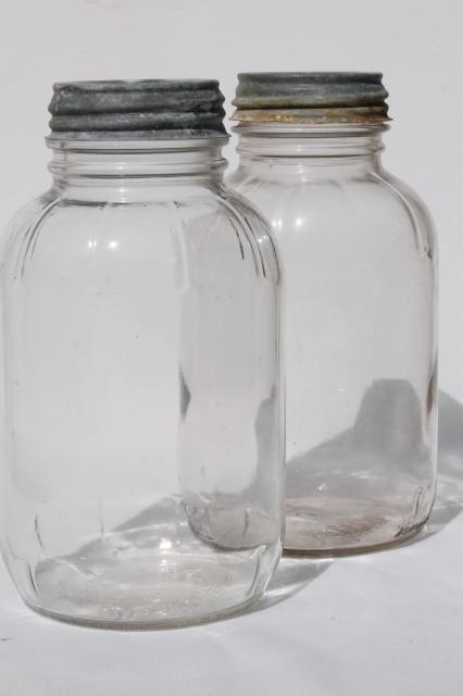 antique vintage glass jar lot w/ old zinc lids, large food bottles / canning jars
