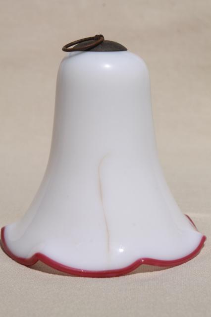 antique vintage glass smoke bell for old oil lamp, cranberry crest edge milk glass