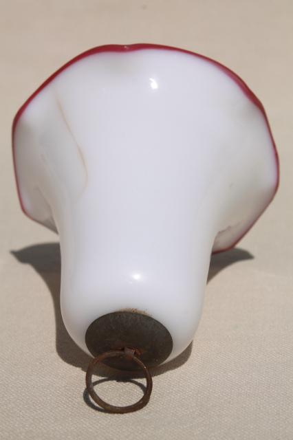 antique vintage glass smoke bell for old oil lamp, cranberry crest edge milk glass