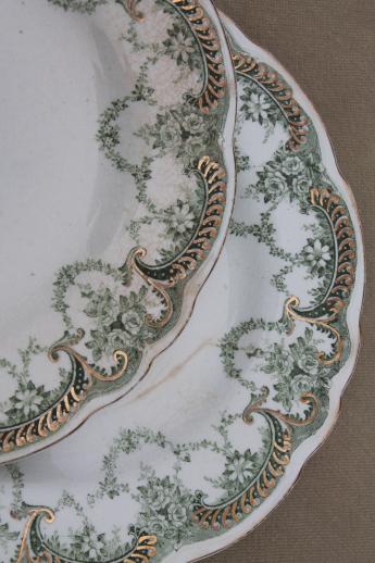 antique vintage green transferware china plates, Marie pattern English Staffordshire