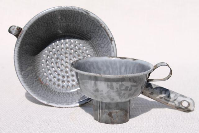 antique vintage grey graniteware enamel ware funnel and stainer bowl w/ handle