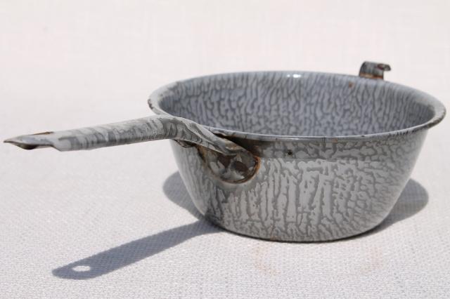 antique vintage grey graniteware enamel ware funnel and stainer bowl w/ handle