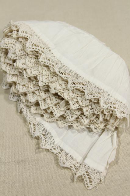 antique vintage hand knitted lace flounce, fine cotton ruffle baby trim thread lace edging