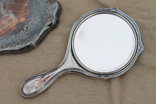 antique vintage hand mirrors, tarnished worn silver w/ shabby silvered mirrors
