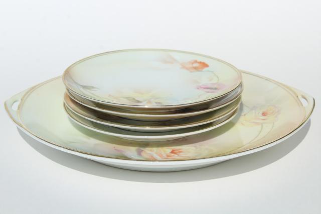 antique vintage hand painted Prussia china dessert set, tray & cake plates