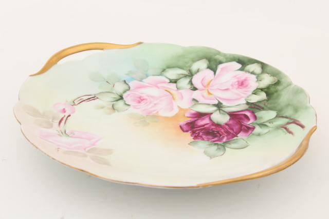 antique vintage hand painted china plates, pink roses cake trays / serving plate lot