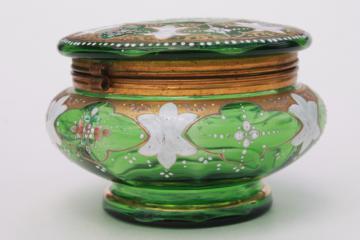 antique vintage hand painted enamel green glass vanity table powder puff box