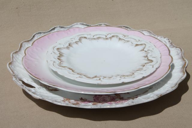 antique vintage hand-painted china plates w/ rose pink flowers & ornate gold