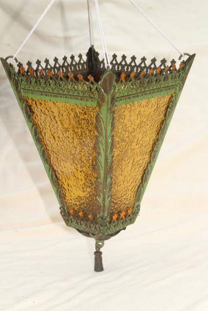 antique vintage hanging light lamp shade, amber glass w/ painted metal lantern