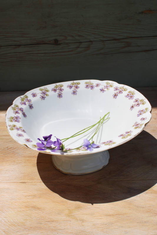 antique vintage ironstone china compote, large pedestal bowl w/ lavender violets