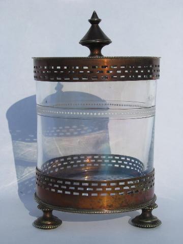 antique vintage jam pot or sugar, old enameled glass jar in sheffield silver stand