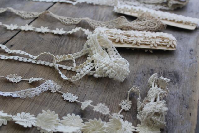 antique vintage lace edgings & sewing trim remnants, ball fringe, embroidered daisies