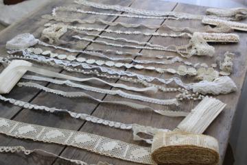 antique vintage lace edgings & sewing trim remnants, ball fringe, embroidered daisies