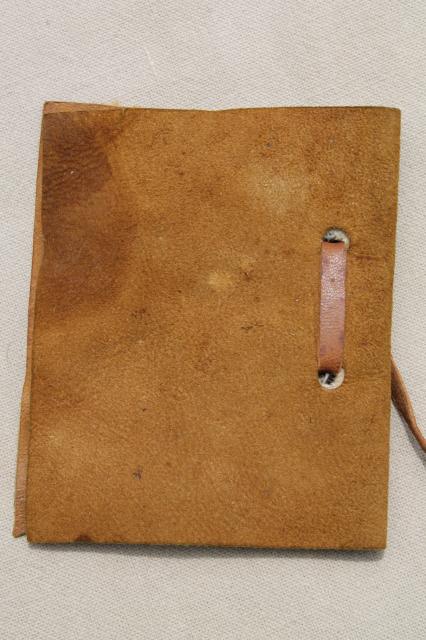 antique vintage leather cover needle book w/ kitten, child's sewing basket tool