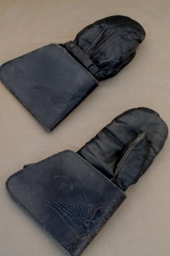 antique vintage leather motorcycle gauntlet mitten gloves, wool lined mittens
