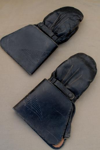 antique vintage leather motorcycle gauntlet mitten gloves, wool lined mittens