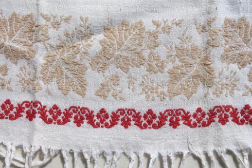 antique vintage linen damask fringed towels with turkey red cherries border