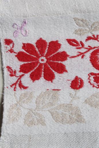 antique vintage linen damask fringed towels with turkey red cherries border