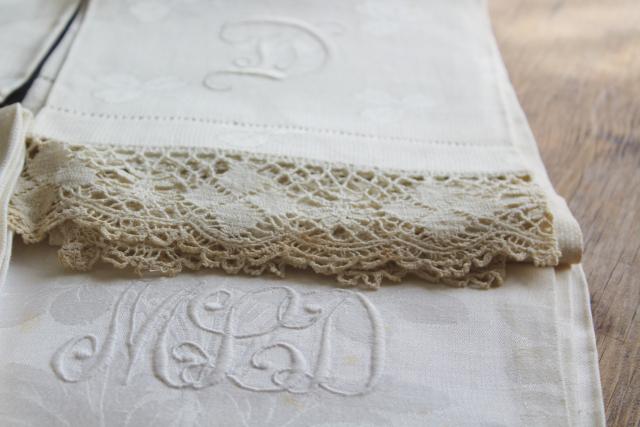 antique vintage linen huckaback & damask bath towels, embroidered D monogram letters