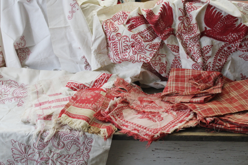 antique vintage linens lot turkey red redwork embroidery shabby fabric shams napkins for upcycle