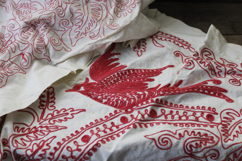 antique vintage linens lot turkey red redwork embroidery shabby fabric shams napkins for upcycle