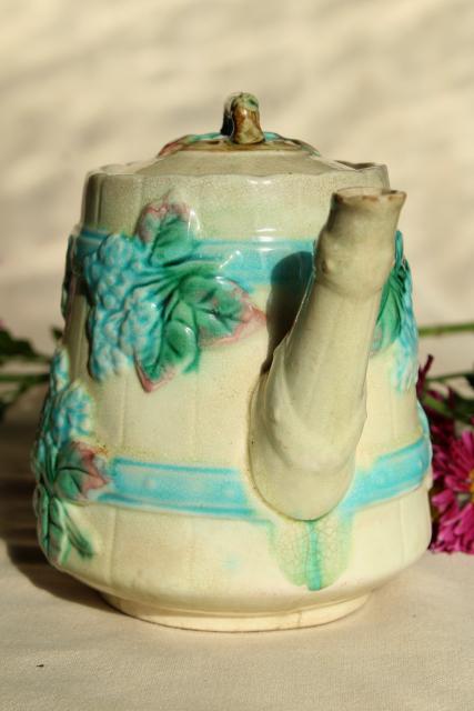 antique vintage majolica pottery hydrangea flower barrel coffee or tea pot, blue floral