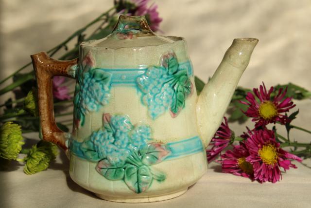 antique vintage majolica pottery hydrangea flower barrel coffee or tea pot, blue floral