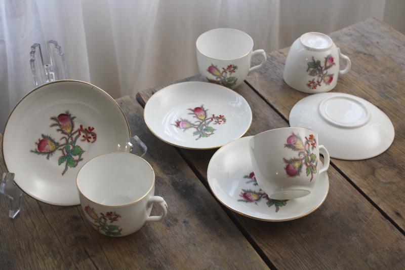 antique vintage moss rose china tea or coffee cups w/ deep bowl saucers