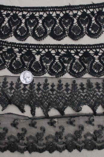 antique & vintage mourning dress sewing trims lot, silk sash ribbon, lace flounce, heavy veil
