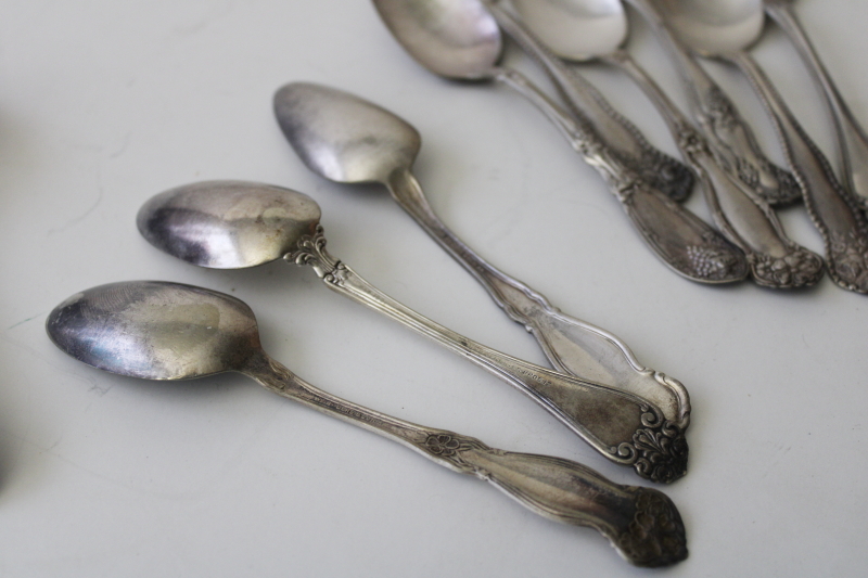 antique vintage ornate silver plated spoons, mismatched teaspoons, shabby tarnished silver