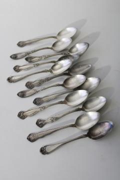 antique vintage ornate silver plated spoons, mismatched teaspoons, shabby tarnished silver