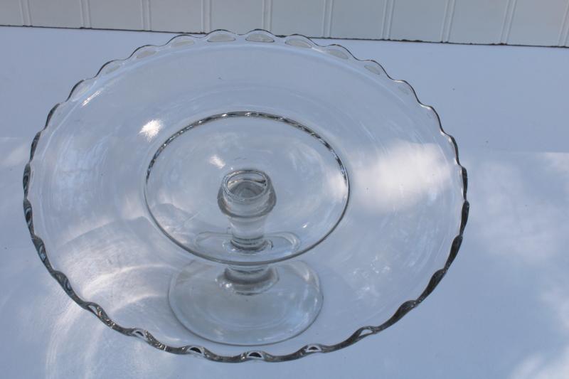 antique vintage pressed glass cake stand, bakery pedestal plate w/ scalloped rim