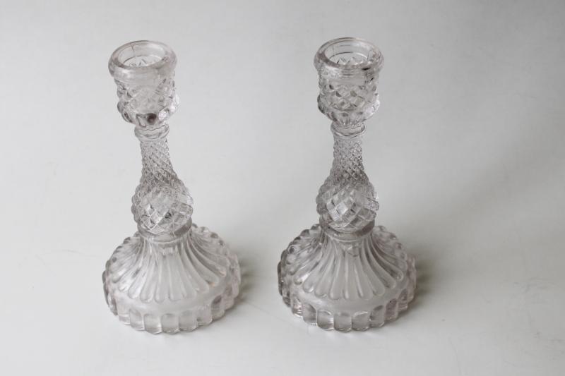 antique vintage pressed pattern glass candlesticks, sawtooth diamond block candle holders pair