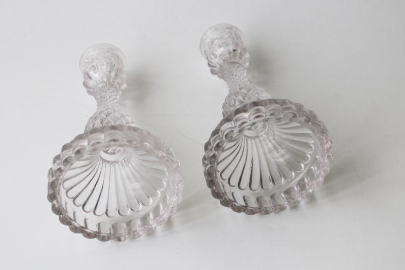 antique vintage pressed pattern glass candlesticks, sawtooth diamond block candle holders pair