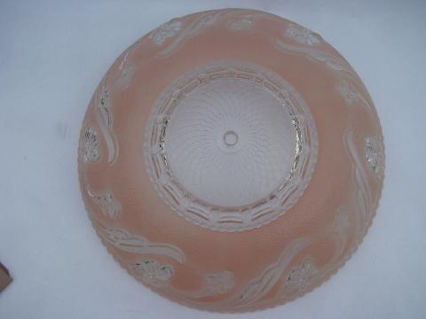 antique vintage pressed pattern glass pendant light shades, floral w/ pink