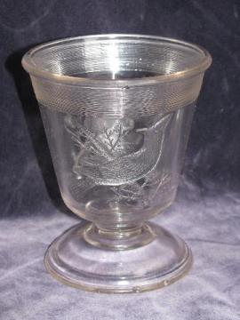 antique vintage pressed pattern table glass, spooner or celery vase w/ parrots