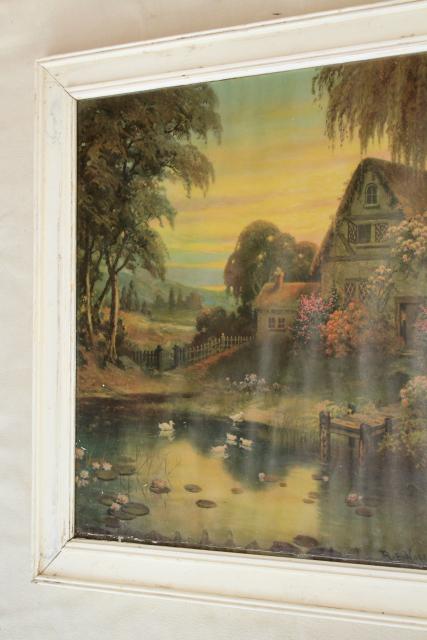 antique vintage print, thatched cottage garden pond scene in chippy old white paint wood frame
