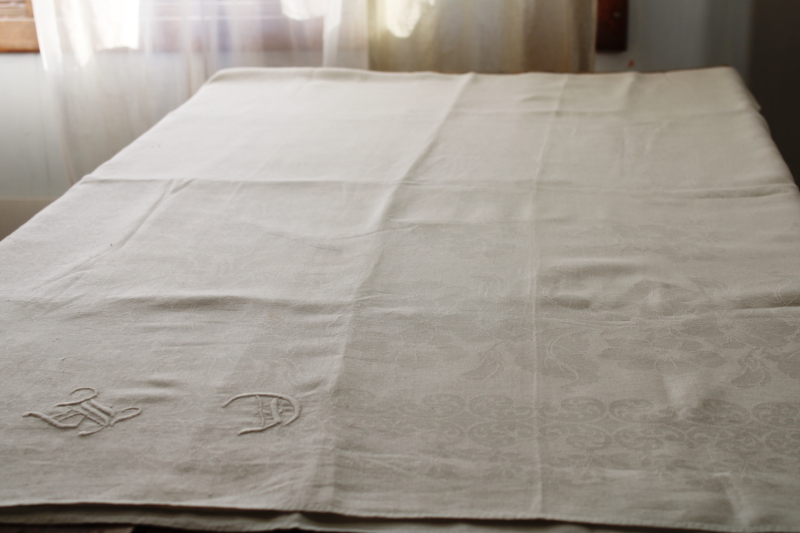 antique vintage pure linen damask tablecloth w/ hand embroidered monogram, banquet size cloth