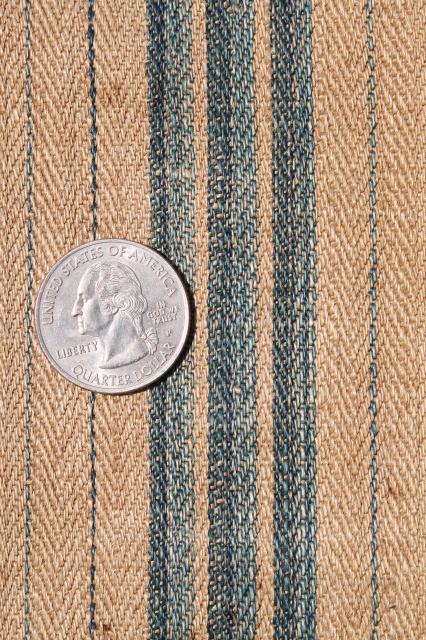 antique vintage pure linen ticking stripe fabric, primitive shabby old indigo blue / flax brown