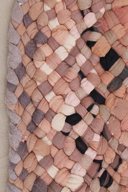 antique vintage rag rug handmade from silk & cotton stockings in buff tan, ecru, pink & ivory