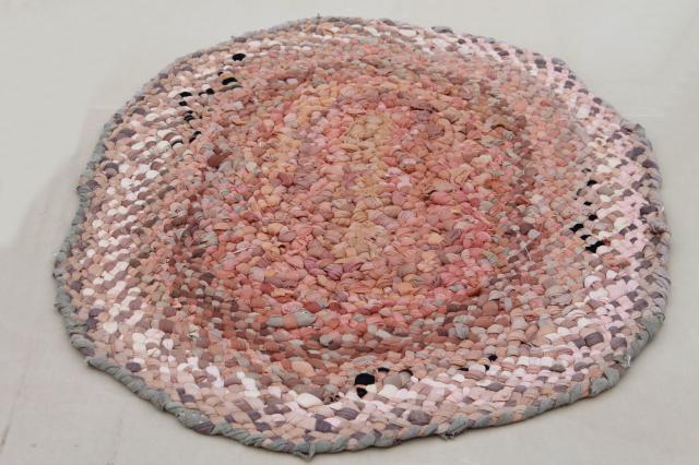antique vintage rag rug handmade from silk & cotton stockings in buff tan, ecru, pink & ivory