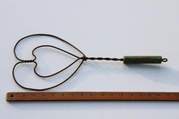antique vintage rug beater, heart shape small wire paddle, green painted wood handle