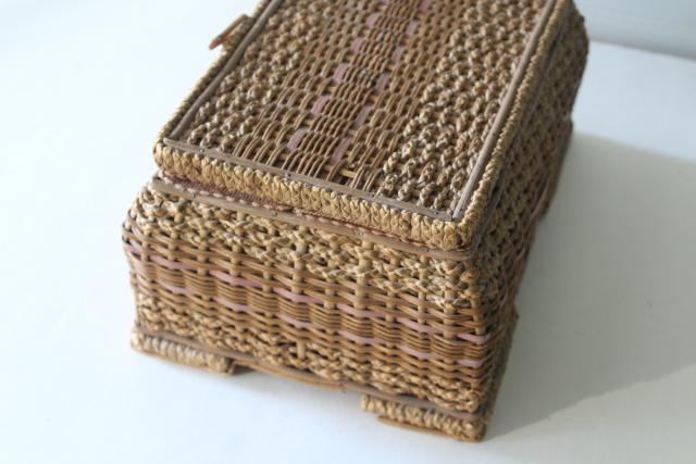 antique vintage sewing box, natural straw basket w/ pink satin casket lining