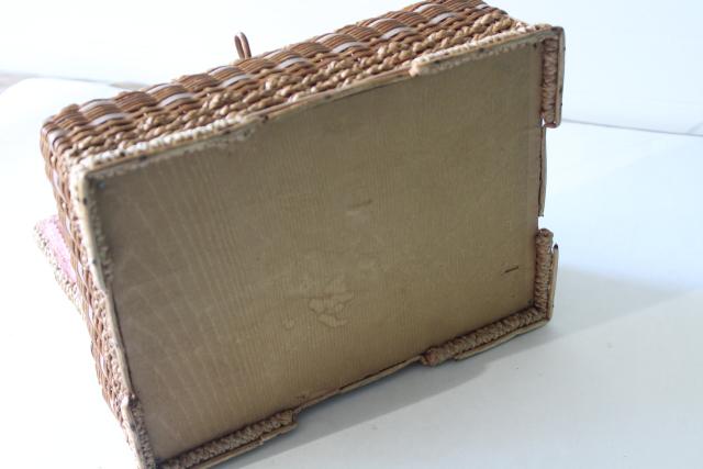 antique vintage sewing box, natural straw basket w/ pink satin casket lining