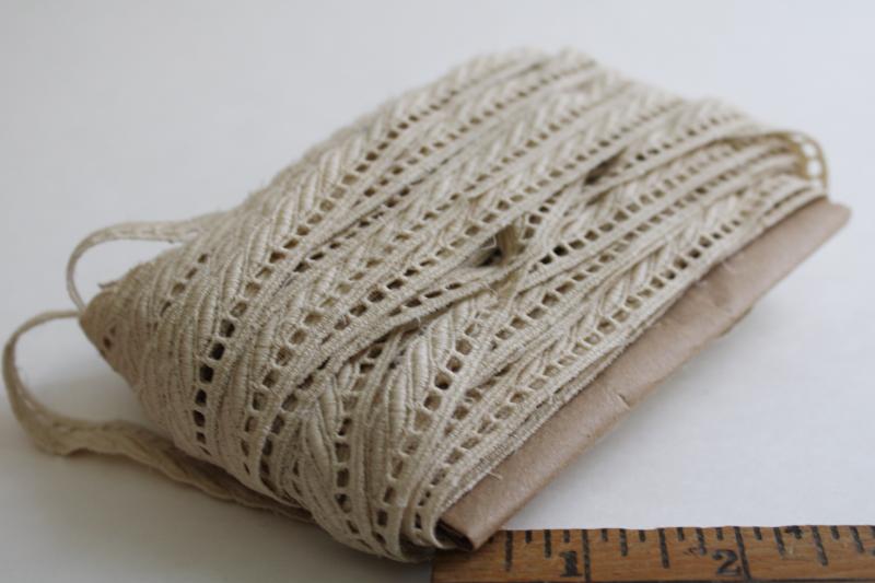 antique vintage sewing trim, ecru cotton edging beading to hold narrow ribbon